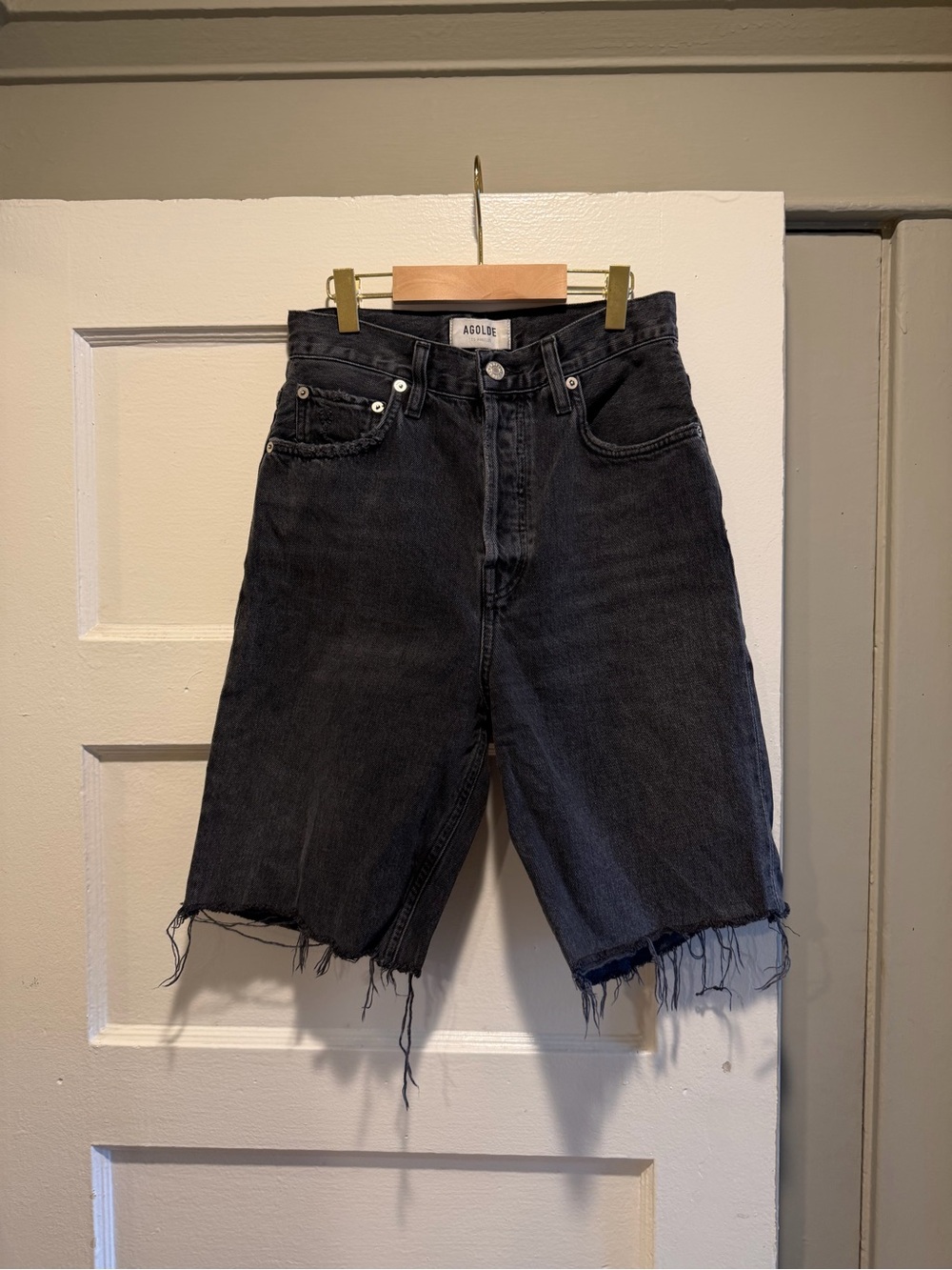 Agolde Black Distressed High-Rise Denim Shorts